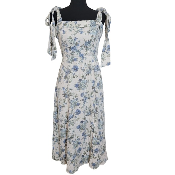 Audrey Parks Dresses & Skirts - Audrey Parks Francesca's Blue Floral Tie Shoulder Midi Dress Square Neck Medium